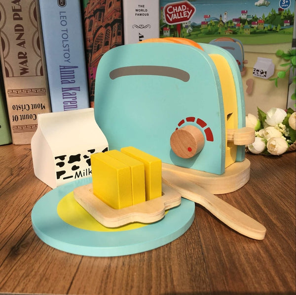bread toaster wooden toy set, pretend play toy, role playing toy, cooking toy, cooking wooden toy